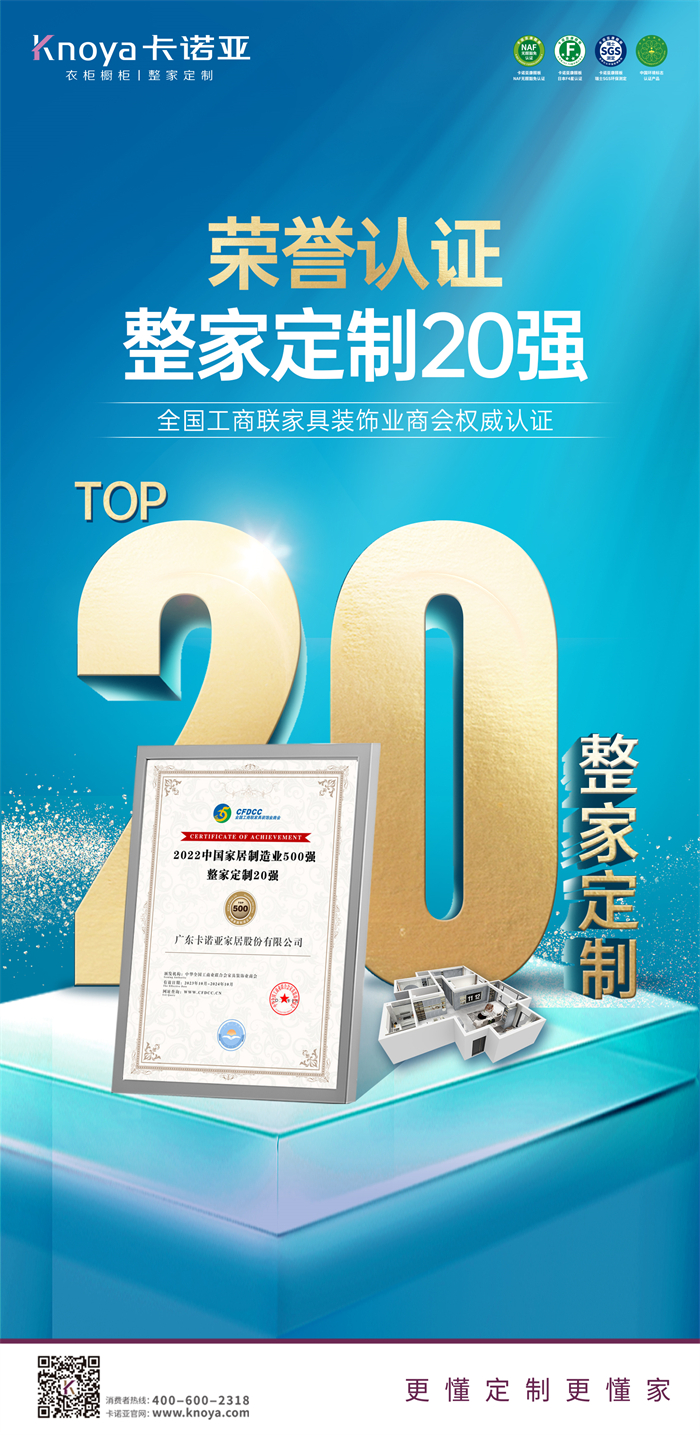 卡诺亚荣膺“2022中国家居制造业500强·完美体育网页版20强”